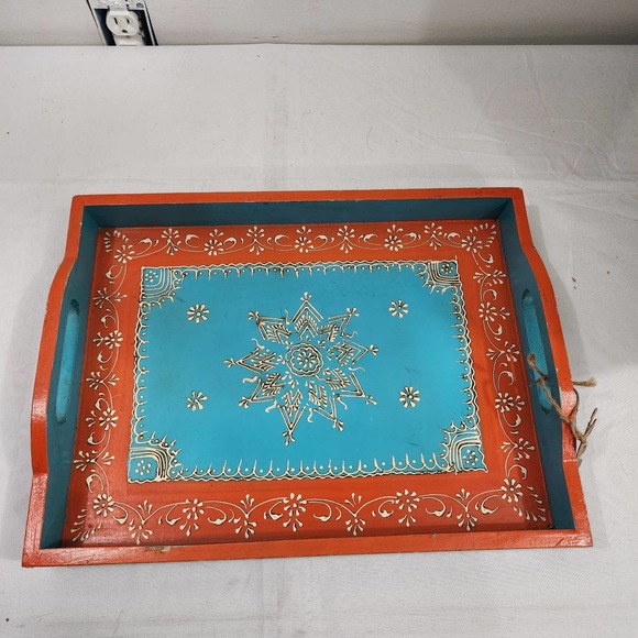 Meenakari Art Handmade Wooden Serving Tray Made in India Handle 16x12x1.75 Inch - Picture 4 of 14